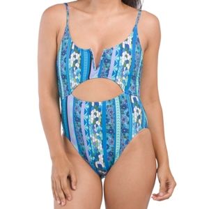 Lucky Brand V-neck Underwire One Piece Swimsuit Blue Floral Boho